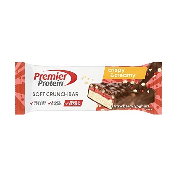 Premier Protein Soft Crunch Bar Strawberry Yoghurt 12x45g - High Protein Low Sugar + Réduction des glucides + Sans huile de p