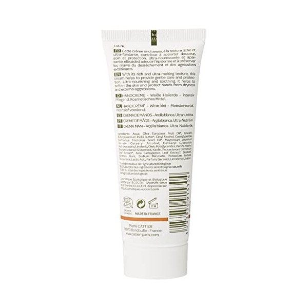 Cattier Crème Mains - Ultra-Nourrissante - Argile Blanche - 75 ml