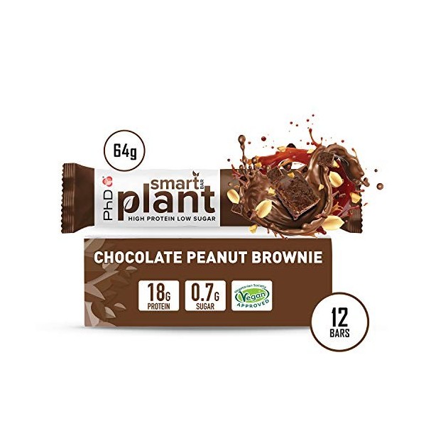 PhD Nutrition Smart Bar Barre de protéines végétales Brownie aux arachides et au chocolat 12x64g, végétalien