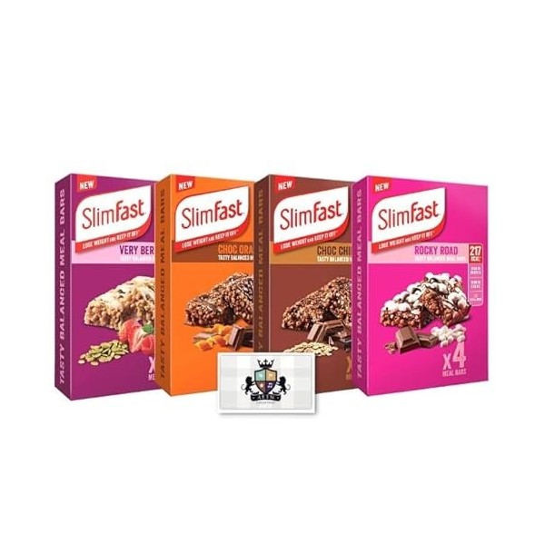 Barres repas Slim Fast 16 x 60g - 4 Choc Chip, Orange, Rocky Road et Saveurs Très Berry Savoureuses, Équilibrées Pour Régime 