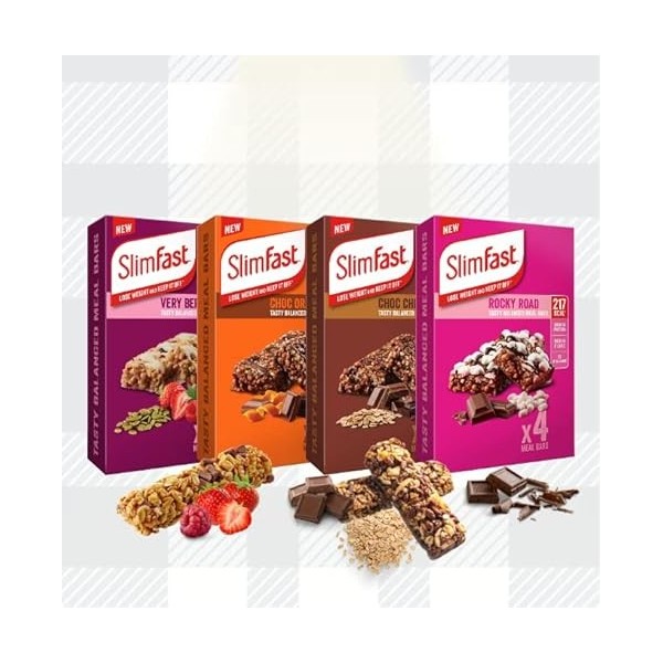 Barres repas Slim Fast 16 x 60g - 4 Choc Chip, Orange, Rocky Road et Saveurs Très Berry Savoureuses, Équilibrées Pour Régime 