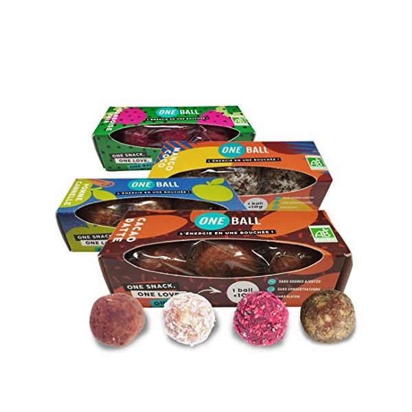 Boules dénergie [Assortiment - Lot de 4 étuis de 3 portions - 12 One Balls] Cacao Datte, Framboise Chia, Mango Coco, Pomme C