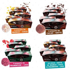 Boules dénergie [Assortiment - Lot de 4 étuis de 3 portions - 12 One Balls] Cacao Datte, Framboise Chia, Mango Coco, Pomme C