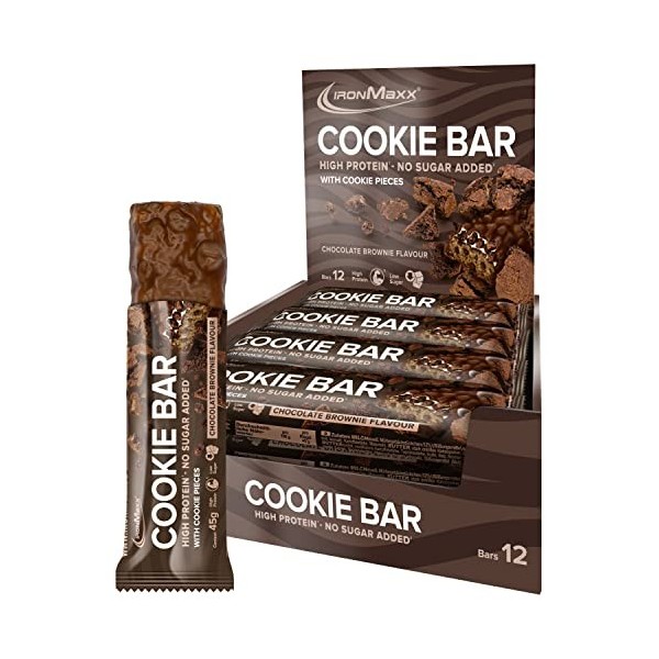 IronMaxx Cookie Bar Barre Protéinée avec morceaux de biscuits - Teneur élevée en protéines - Goût Chocolate Brownie - 12 x ba