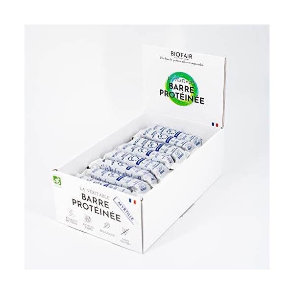 BIOFAIR NUTRITION - Barres protéinées bio - 33g /24 - Saveur Myrtille - 9 g protéine/barre - Pack 24 barres + Présentoir offe