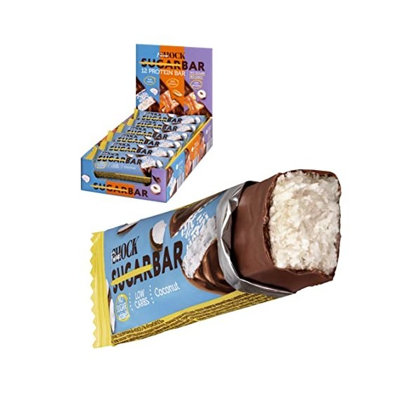 FitnesSHOCK Barres protéinées Protein Bar, Faible en glucides 3,5g , Barres de protéines fitness, pauvres en sucre 1g , san