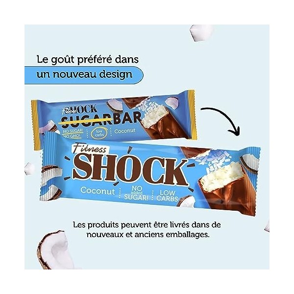 FitnesSHOCK Barres protéinées Protein Bar, Faible en glucides 3,5g , Barres de protéines fitness, pauvres en sucre 1g , san