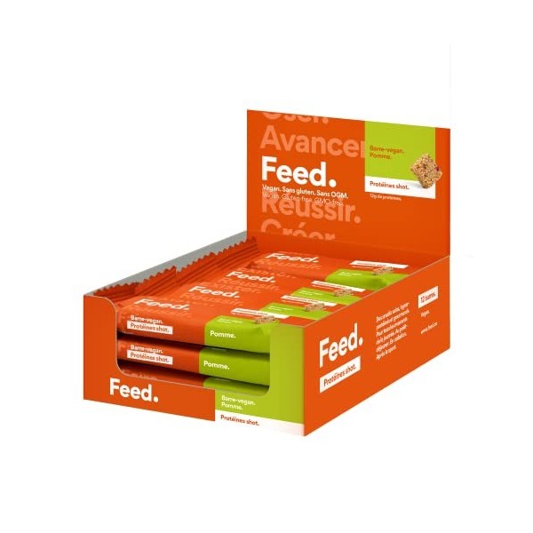 Feed. - Snack proteine à faible teneur en sucres 4g de sucres - 30% de protéines - Céréales Pommes. - Pack de 12 snacks x 4