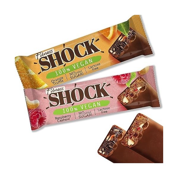 FitnesSHOCK Barres véganes Boîte mixte Barres de fruits avec 9% de protéines davoine, Noix Orange/Framboise, 100% véganes et