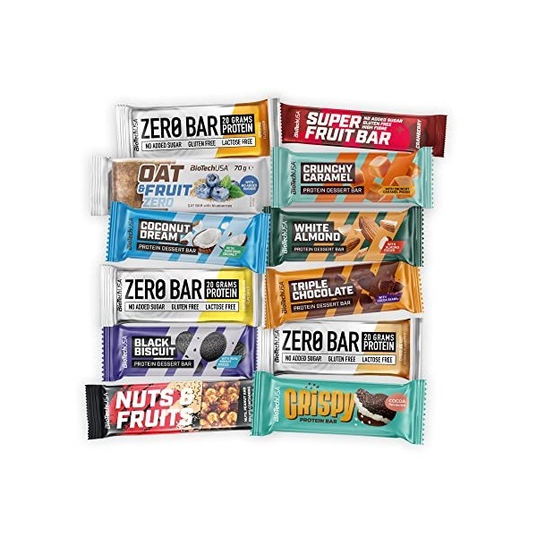 BioTechUSA Bar Selection | 12 barres | Protein Dessert Bar | Zero Bar | Super Fruit Bar | Crispy Protein Bar | Nuts & Fruits 