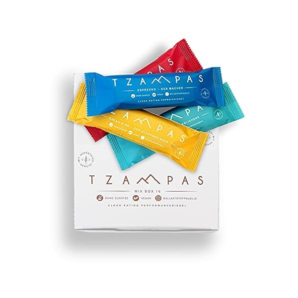 TZAMPAS energy bar mix box large 16x40g - barre énergétique à base dorge torréfiée au format snack box - Power Bar | Barre