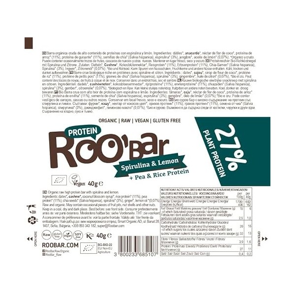 Roobar Barre Protéinée Spiruline & Citron - Bio & Vegan - 40g