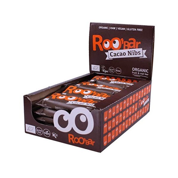 Roobar Cacao Nibs Raw Bar - Dairy & Gluten Free. 100% Organic, Vegan with Superfoods for Optimum Nutrition. No Added Refined 