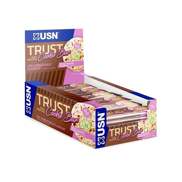 USN Trust Cookie Bar - Barres Protéinées Saveur Chocolat Blanc & Framboise. Collation Post-Entraînement. Boîte de 12 Barres d