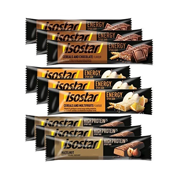 Set de barres Isostar Energy, multi-fruits, chocolat, noisette, lot de 9 3x3 pièces 