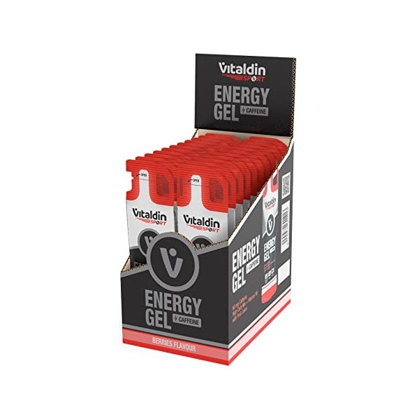VITALDIN SPORT Energy Gel Caffeine – 24 Gel x 40 gr – Gel Énergétique Goût Fruits Rouges avec 60 mg de Caféine et Vitamine B6