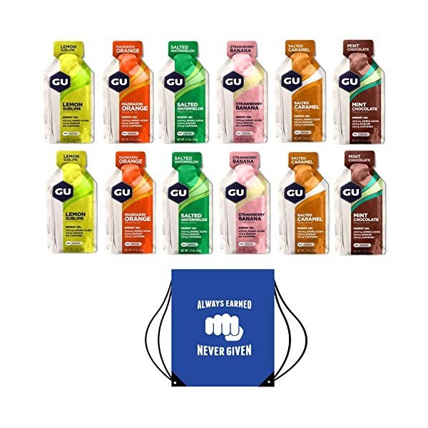 GU Energy Gels - Lot de 12 gels mixtes chocolat menthe avec cordon de serrage et sac à chaussures inclus