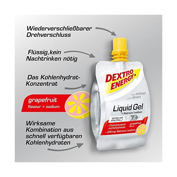 Dextro Energy Lot de 18 x 60 ml gels de pamplemousse liquide avec sodium et dextrose - Idéale comme boisson énergétique