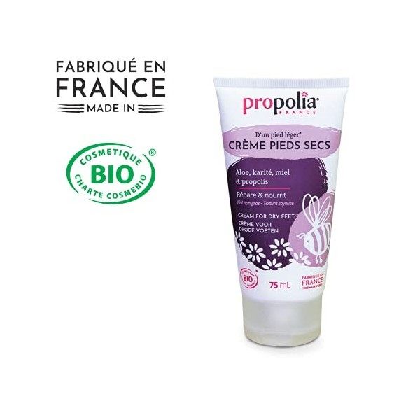 PROPOLIA - Bio - Crème pieds secs - Aloe vera / Karité / Propolis / Lavande - Répare et nourrit - Fabriquée en France - 75 ml