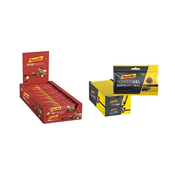 Powerbar PowerGel Shots Cola 24x60g - Gel Énergétique à Haute Teneur en Carbone + C2MAX + 75mg Caféine & Ride Energy Chocolat