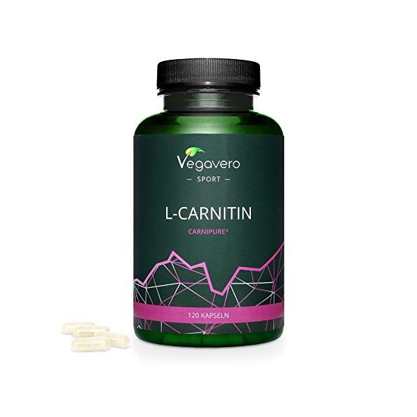 L-Carnitine Pure Vegavero® | Premium : Avec CARNIPURE® | Sans Additifs | Brûleur de graisse et Pre-Workout | 120 Gélules | VE