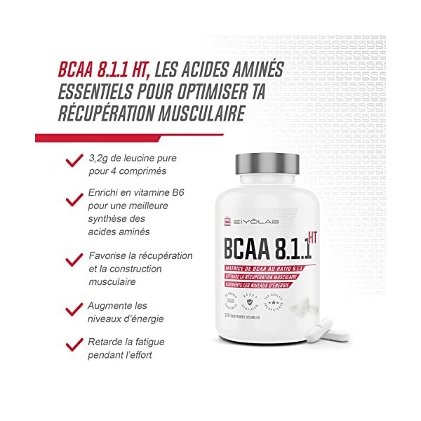 BCAA 8.1.1 | Comprimés dAcides Aminés + Vitamine B6 | 1g dAcides Aminés par Comprimé | Construction et Récupération Muscula