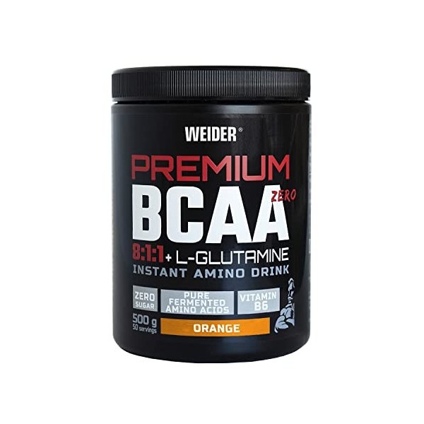 Weider Premium BCAA 8:1:1 + L-Gluamine, Goût Orange, 500g. Avec Vitamine B6, Sans sucre, Vegan.