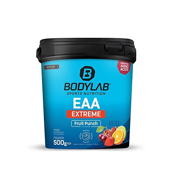 Bodylab24 EAA Extreme 500g punch aux fruits, acides aminés essentiels, 1,5g de glutamine, 1g dalanine et les vitamines B6 & 