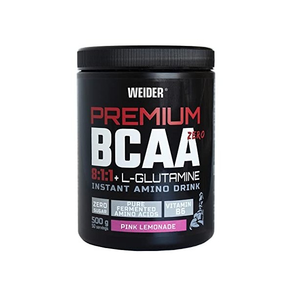 Weider Premium BCAA 8:1:1 + L-Glutamine 500g Goût Pink Limonade - Avec Vitamine B6, Sans sucre, Vegan