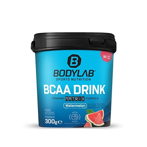 Bodylab24 BCAA Drink Powder Matrix Formula Pastèque 300g, par portion 5g de BCAA avec glutamine, vitamines et magnésium, idéa