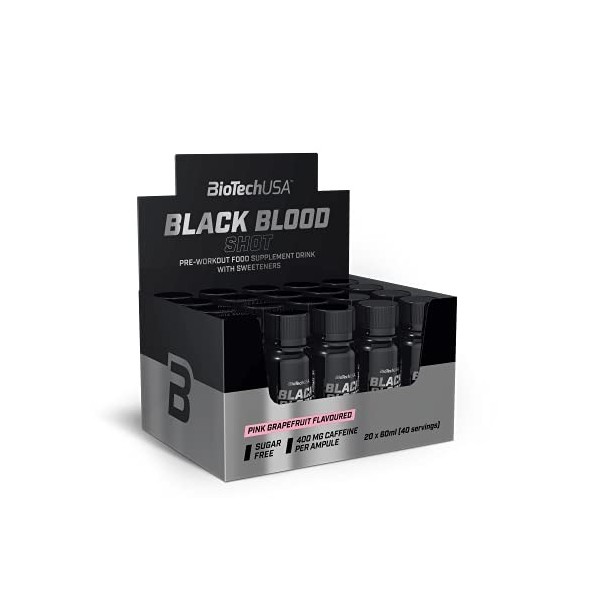 BioTechUSA Black Blood shot, Boisson pré-entraînement avec des acides aminés, avec de lextrait de thé vert et des édulcorant