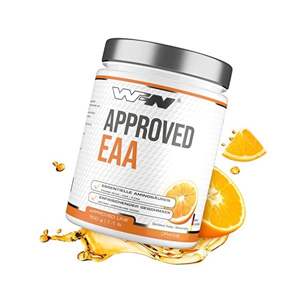 WFN Approved EAA - Orange - 500 g - 8 acides aminés essentiels - Poudre instantanée EAA - Vegan - 35 portions - Fabriqué en A