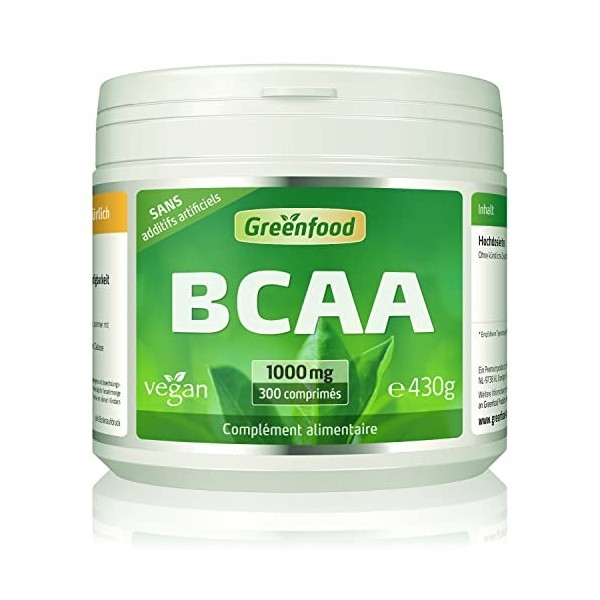 Greenfood BCAA, 1000 mg, dose élevée, 300 comprimés, vegan -Sans additifs artificiels. Sans génie génétique.