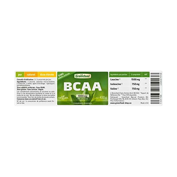 Greenfood BCAA, 1000 mg, dose élevée, 300 comprimés, vegan -Sans additifs artificiels. Sans génie génétique.