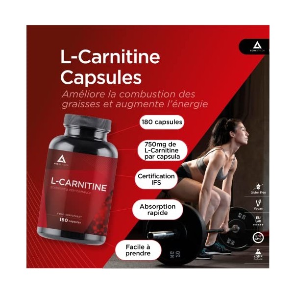 Bodyathlon – Pure L-Carnitine 180 capsules - Energie Résistance et récupération- Supplément sportif – Tonification - Augmenta