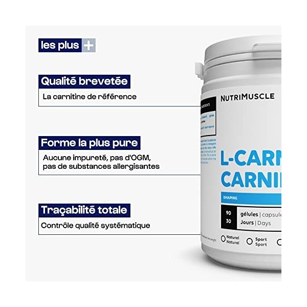 Carnitine Carnipure® | 100% pure • Sans OGM • L-Carnitine • Brûle-graisse & Oxygénation des muscles| Nutrimuscle | 90 Gélules