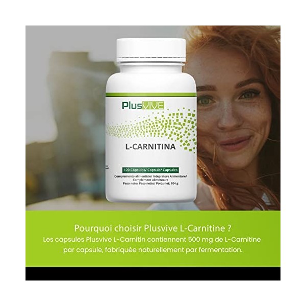 Plusvive - Lot de 120&nbsp;capsules de L-carnitine à haute efficacité, 1&nbsp;000&nbsp;mg