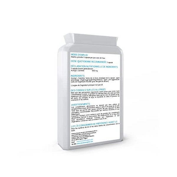 Acetyl-L-Carnitine - ALCAR haute résistance sans D-carnitine - Fabriqué au Royaume-Uni - Convient aux végétaliens - 500 mg 90