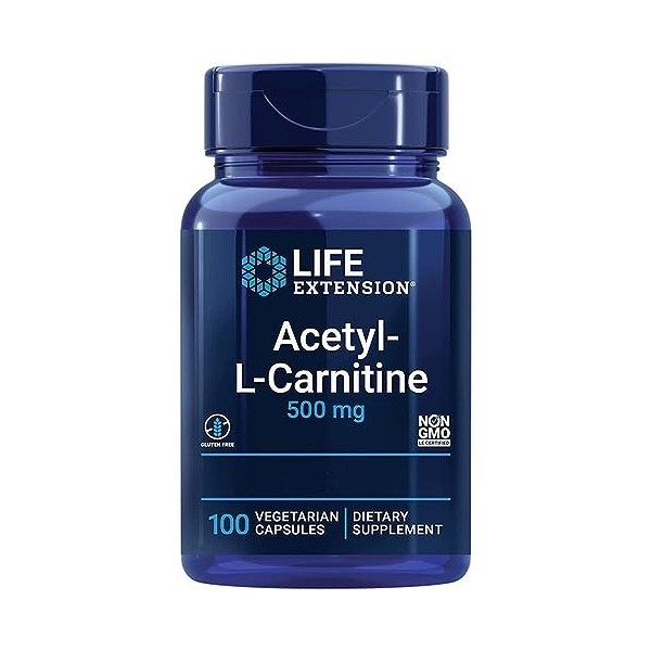 Life Extension, Acetyl-L-Carnitin, 500mg, avec Vitamine C, Hautement Dosé, 100 Capsules végétaliennes, Testé en Laboratoire, 