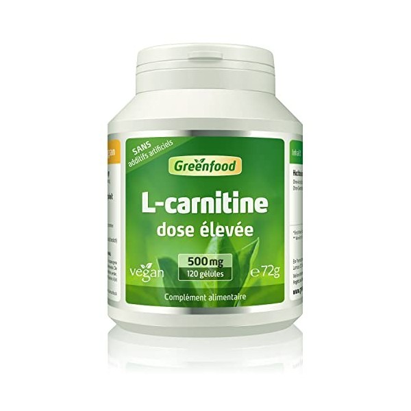 Greenfood L-carnitine, 500 mg, dose élevée, 120 gélules, vegan - SANS additifs artificiels. Sans organisme génétiquement modi