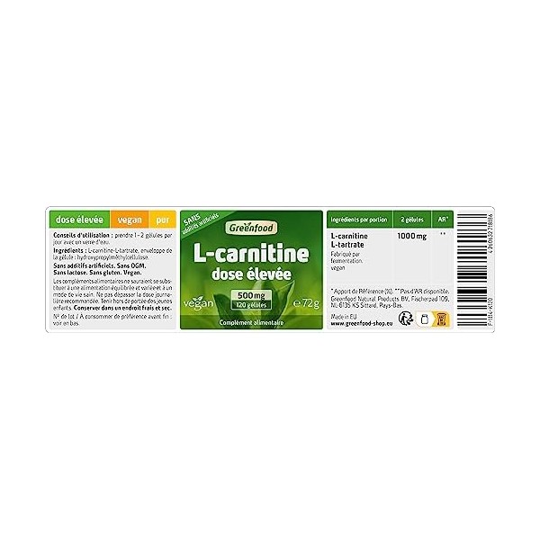 Greenfood L-carnitine, 500 mg, dose élevée, 120 gélules, vegan - SANS additifs artificiels. Sans organisme génétiquement modi