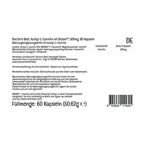 Doctors Best, Acétyl-L-Carnitine avec BIOSINT, 500mg, 60 Capsules végétaliennes, Testé en Laboratoire, Sans Gluten, Sans Soj