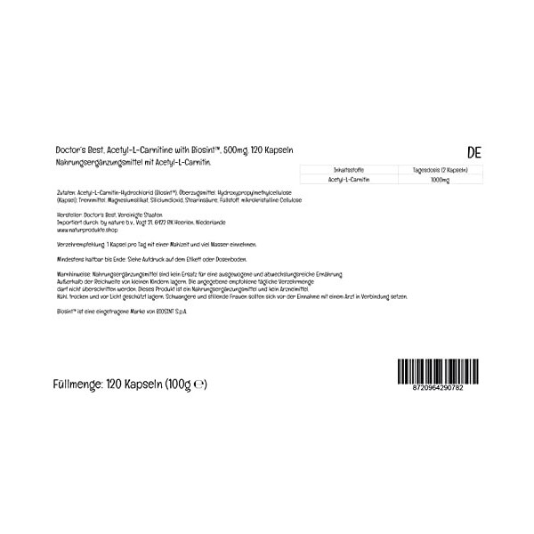 Doctors Best, Acetyl-L-Carnitin, 500mg, 120 Capsules végétaliennes, Testé en Laboratoire, Sans Gluten, Sans Soja, Végétarien