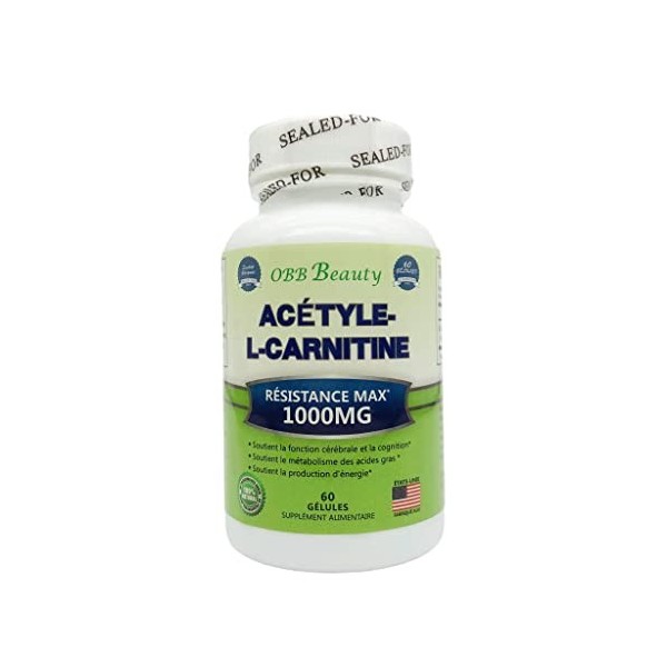 ACETYLE-L-CARNITINE résistance max 1000mg, 60 gélules % naturelle, sans OGM , sans gluten, sans soja, vegetalien