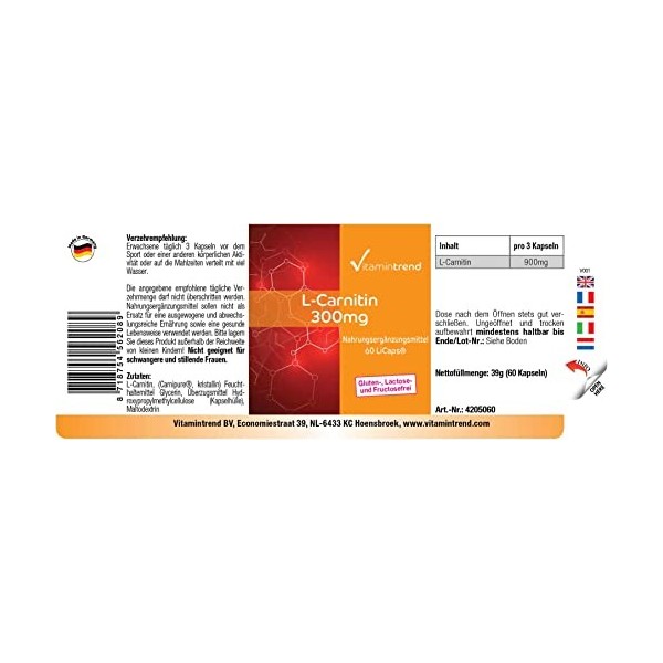 L-Carnitine 300mg - bien protégée de loxydation grâce aux LiCaps® - hautement dosé avec 900mg par dose journalière - végétal
