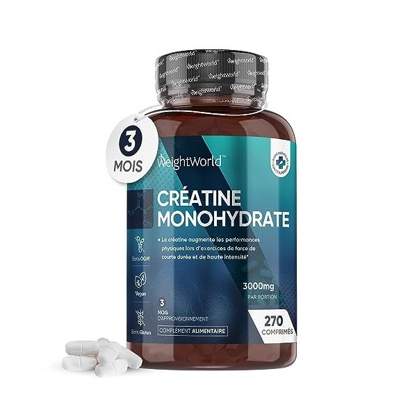 Créatine Monohydrate 3000mg Vegan - 270 Comprimés 3 Mois - Créatine Monohydrate en Poudre - Augmente les Performances Physi