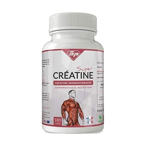 SUPER CRÉATINE DE HAUTE QUALITÉ • 180 gélules 100% créatine • MADE IN FRANCE • Pour 1 MOIS • SuperPhysique Nutrition