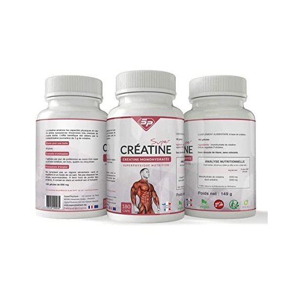 SUPER CRÉATINE DE HAUTE QUALITÉ • 180 gélules 100% créatine • MADE IN FRANCE • Pour 1 MOIS • SuperPhysique Nutrition