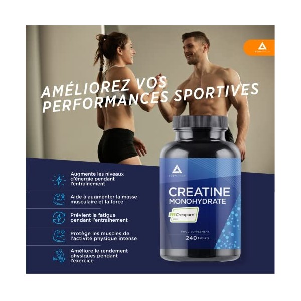 Bodyathlon- Créatine Monohydrate Creapure®- 240 comprimés- Creatine pure 3000mg- Qualité garantie– Augmentez votre masse musc