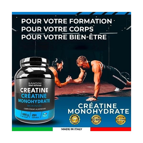 Bandini® Créatine Monohydrate 1kg / 1000g MERCURE FREE en poudre 100% pure pour l‘entraînement de force - Creatine micronisée